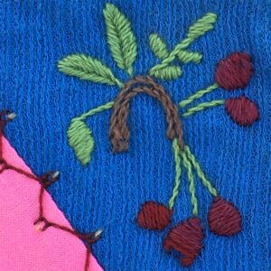 Cluster of cherries showing how the design is outlined , then filled with stitching.