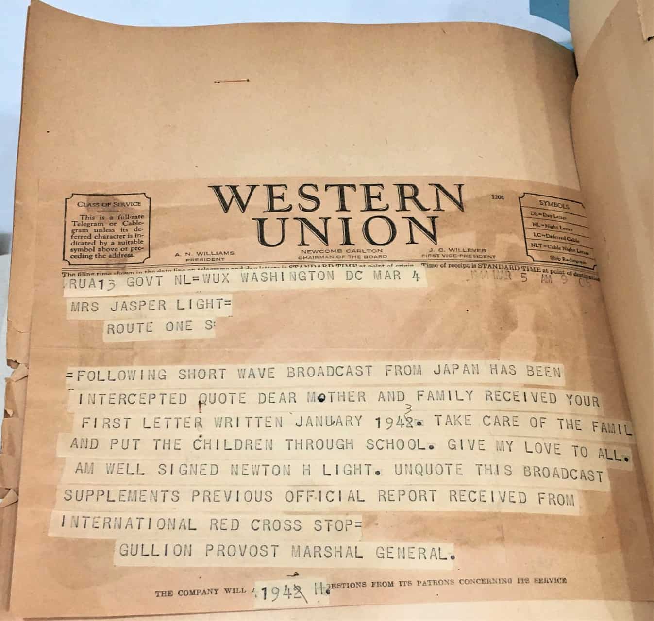 Telegram from P.O.W. Newton H. LIght.